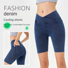 Load image into Gallery viewer, High-Waist Stretchy Denim Shorts with Pockets – Slimming Casual Fitness Shorts
