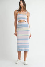 Load image into Gallery viewer, Multi Color Striped Front Cutout Knit Midi Dress For Women – Vibrant Striped Bodycon Dress, Cutout Knit Dress, Stylish Summer Midi Dress, Trendy Statement Dress
