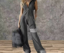 Load image into Gallery viewer, Women's Sporty Retro Lace-Up Striped Sleeveless Hooded Jumpsuit – Wide Flare Leg
