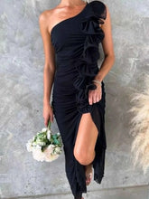 Load image into Gallery viewer, Stylish One-Shoulder Ruffle : Slit Dress
