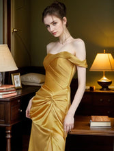 Load image into Gallery viewer, Golden Hour Off-the-Shoulder Satin Ball Gown Evening Dress
