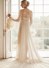 Load image into Gallery viewer, Ethereal Lace &amp; Feather-Trimmed Sheer Bridal Robe – Vintage Luxury Loungewear
