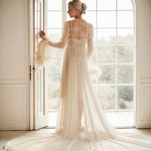 Load image into Gallery viewer, Ethereal Lace &amp; Feather-Trimmed Sheer Bridal Robe – Vintage Luxury Loungewear
