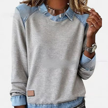 Load image into Gallery viewer, Denim Collar Patchwork Pullover Knitwear Top – Women’s Street Style
