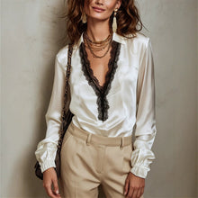 Load image into Gallery viewer, Women's V-Neck Black Lace Patchwork Lantern Sleeve Blouse
