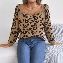 Load image into Gallery viewer, Casual Square Collar Button Contrast Color Leopard Print Long Sleeve Sweater
