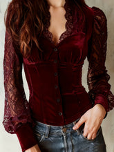 Load image into Gallery viewer, Women's Velvet &amp; Lace Trim Top V-Neck Long Sleeve Blouse
