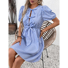 Load image into Gallery viewer, Women’s Striped Tie-Front Puff Sleeve Mini Dress
