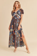Load image into Gallery viewer, Lace Detail Slit Geometric Print Short Sleeve Comfortable Maxi Dress For Women, Elegant Lace, Alluring Slit, Sophisticated Geometric Print for Casual &amp; Dressy Occasions
