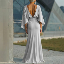 Load image into Gallery viewer, Women's Elegant Backless Pleated Batwing Sleeve Maxi Dress — Silver Mermaid Gown
