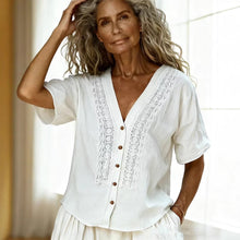 Load image into Gallery viewer, Women's Loose-Fit Faux Linen Embroidered Button-Up Top
