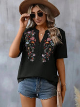 Load image into Gallery viewer, Women's Floral Embroidered Notched V-Neck T-Shirt – Short Sleeve Boho Lace Trim Top
