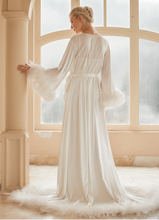 Load image into Gallery viewer, Luxury Thick Ostrich Feather Floor-Length Satin Robe with Train – Elegant Bridal Loungewear

