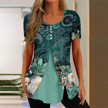 Load image into Gallery viewer, Women’s Printed Faux Two-Piece V-Neck Short Sleeve Top
