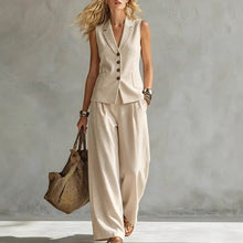 Load image into Gallery viewer, Women's Solid Linen Sleeveless Tank Top &amp; Full-Length Pants Set
