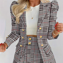Load image into Gallery viewer, Plus Size Plaid Skirt Suit for Women – Two-Piece Blazer and High Waist Skirt Set
