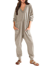 Load image into Gallery viewer, Women’s V-Neck Long Sleeve Solid Color Loose Jumpsuit With Two Side Pockets
