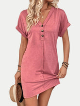 Load image into Gallery viewer, Elegant Button V-Neck Short Sleeve Dress Flattering Casual &amp; Office Wear Simple Dress
