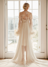 Load image into Gallery viewer, Ethereal Lace &amp; Feather-Trimmed Sheer Bridal Robe – Vintage Luxury Loungewear
