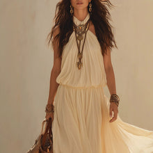 Load image into Gallery viewer, Beige White Halter Neck Maxi Dress – Boho Fairy Sleeveless Long Dress
