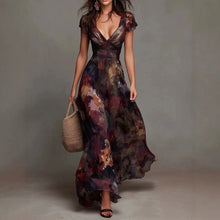 Load image into Gallery viewer, Women's Deep V-Neck Painted Print Chiffon Maxi Dress | Fitted Waist Flowy A-Line Dress

