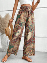 Load image into Gallery viewer, Women's Paisley Print Wide-Leg Pants – Boho Smocked Elastic Waist Tie-Up Flowy Trousers
