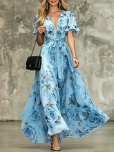 Load image into Gallery viewer, Women's Deep V-Neck Ruffle Sleeve Printed Maxi Dress – High Waist

