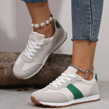 Load image into Gallery viewer, PU Leather Contrast Round Toe Flat Sneakers – Lace-Up Casual
