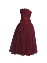 Load image into Gallery viewer, Mabel Burgundy Drop Waist Layered Mesh Midi Puffy Dress with Bow
