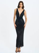 Load image into Gallery viewer, Olympia Black Belted Bow Plunging Rhinestone Maxi Dress
