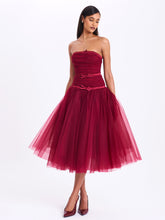 Load image into Gallery viewer, Mabel Burgundy Drop Waist Layered Mesh Midi Puffy Dress with Bow
