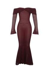 Load image into Gallery viewer, Kaedyn Burgundy Off Shoulder Long Sleeve Crochet Mermaid Maxi Dress
