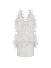 Load image into Gallery viewer, Quisten White Feathered Plunging Halter Mini Dress
