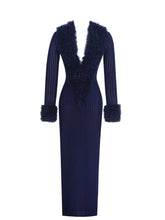 Load image into Gallery viewer, Romina Navy Plunging Fur Trimmed Crochet Maxi Dress
