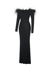 Load image into Gallery viewer, Emberly Black Fur Trimmed Off-Shoulder Rhinestone Mermaid Maxi Dress
