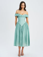 Load image into Gallery viewer, Xavy Teal Green Off Shoulder Corset Midi Dress
