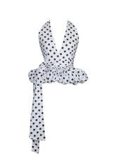 Load image into Gallery viewer, Ilene White and Black Polka Dot Bubble Hem Halter Top
