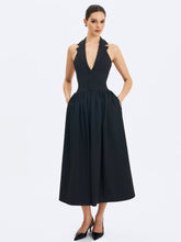 Load image into Gallery viewer, Delaney Black Lapel Halter Midi A-Line Dress
