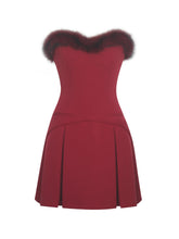 Load image into Gallery viewer, Nalia Crimson Fur Trimmed Sweetheart Mini Dress
