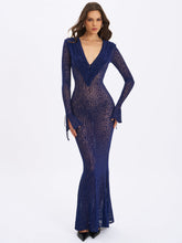 Load image into Gallery viewer, Ilyse Navy V-Neck Plunge Animal Print Mermaid Hem Maxi Dress
