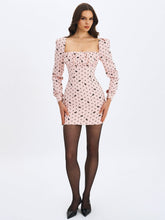 Load image into Gallery viewer, Perla Baby Pink Ruched Bust Velvet-Embossed Bow Mini Dress
