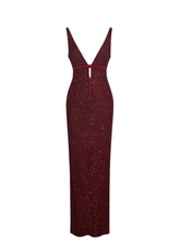 Load image into Gallery viewer, Elora Crimson Sequin Beaded Keyhole Maxi Dress
