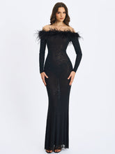 Load image into Gallery viewer, Emberly Black Fur Trimmed Off-Shoulder Rhinestone Mermaid Maxi Dress
