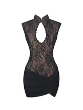 Load image into Gallery viewer, Valerie Black Lace Teardrop Neckline Ruched Mini Dress
