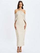 Load image into Gallery viewer, Quimera Almond Beaded Cape Halter Off-Shoulder Maxi Gown
