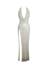 Load image into Gallery viewer, Niamh Golden Beaded Cowl Halter Backless Maxi Dress
