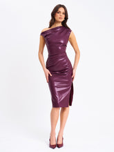 Load image into Gallery viewer, Sabina Purple Leather Slash Neck Midi Dress

