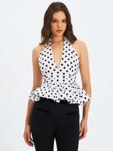 Load image into Gallery viewer, Ilene White and Black Polka Dot Bubble Hem Halter Top

