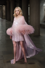 Load image into Gallery viewer, Ostrich Feather sequin mesh long robe dress with nightgown pink ivory-next day shipping
