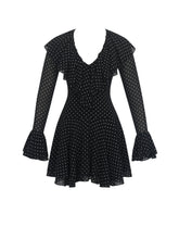 Load image into Gallery viewer, Omari Black Chiffon Polka Dot Ruffled Neckline Mini Dress
